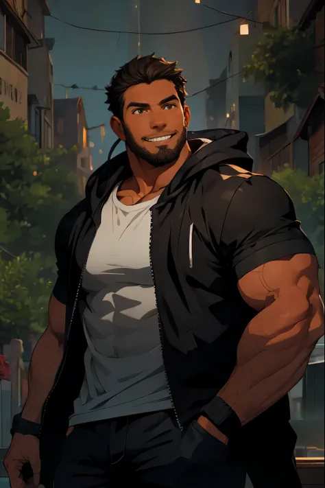 masterpiece, best quality, 1man, very muscular, hunk, bara, brown skin, orange eyes, vibrant eyes, black hair, black beard, chin...