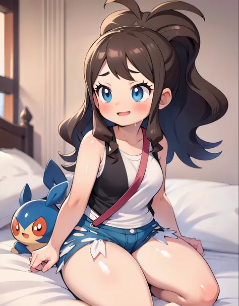 hilda pokemon, curvy body, beautiful detailed eyes, visible thighs, thick thighs, bedroom, prostitute, an elderly man leaning on...