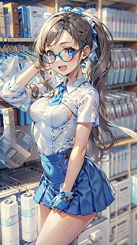 woman,14 years old,Research room,(((white and blue tight miniskirt bodysuit))),,open mouth smile((See-through))Glasses,((Beautiful long ponytail)),((baby girl body shape))