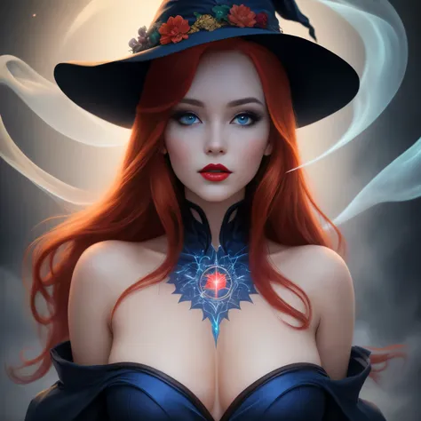 1girl, (witchcore, witchcraft, pagan, mystical, nature, occult), close up, beautiful, sophisticated 30-year-old redhead enchantress, hourglass figure, neon dress (bare shoulders), symmetrical, highly detailed face, long flowing red hair, mesmerizing blue e...