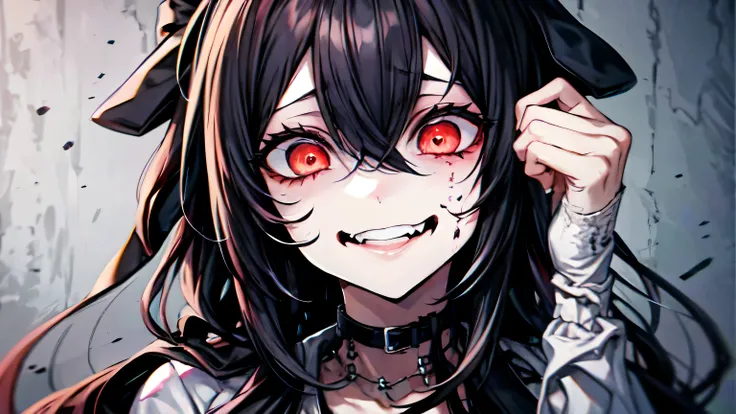 Yandere, 1fille, Cheveux longs noirs, visage effrayant, les yeux rouges, sangs