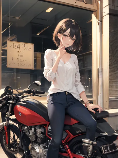 official art，short hair girl，The style of clothing is black，skinny dark jeans，short shoulder-length hair，The ends of her hair are dyed orange，It&#39;s night，Overall dark black tone，8k wallpaper，beauty and aesthetic，master piece，best quality，Static angle，Se...