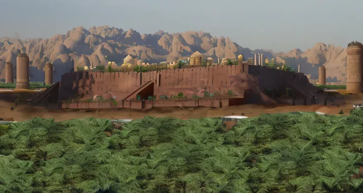 arabian city built on giant rock , high arabian walls , long city stairs , minarets , domes , golden domes , blue domes , palms , palms garden , islamic towers , trees , detailed ,details ,real , realistic , highly detailed , detailed city , realistic city...