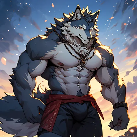 solo, kemono, (wolf), anthro (wolf), anthro, male, anthro male (wolf), anthro (wolf), tail,muscles, handsome, nude, bulge, big abs, cloudy, simple background, depth of field, perfect lighting, (light particles),(best quality),(masterpiece),(ultra detailed)...