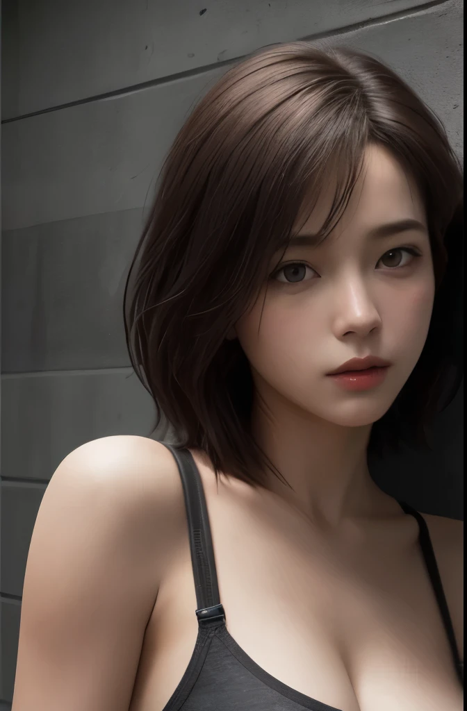 (masterpiece), (Highest image quality), 8K resolution, Super detailed, Super detailed, realism, realism,Tifa Lockhart、no makeup、short hair、dark brown hair、cool pose、Detailed beautiful eyes、Bust B Cup、、Slender body type、concrete wall、