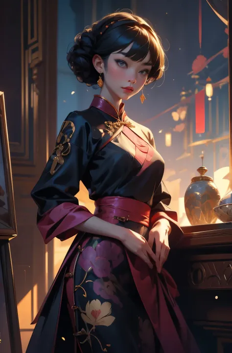 A painting of a beautiful young woman standing quietly, 美しいHongkongの夜景, flower of society, She is wearing an elegant purple cheongsam, Inspired by Chen Yifei, Inspired by Francesco Hayez, Inspired by Hendrik Terbruggen, Jean＝Works that influenced Auguste D...