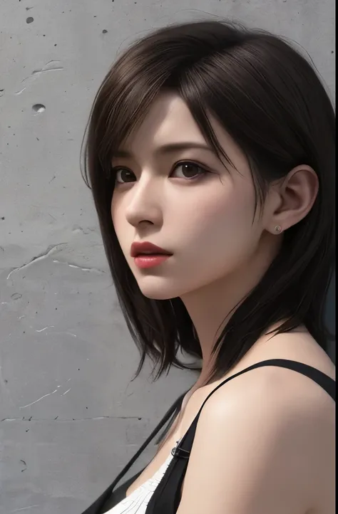 (masterpiece), (Highest image quality), 8K resolution, Super detailed, Super detailed, realism, realism,Tifa Lockhart、,short hair、dark brown hair、cool pose、Detailed beautiful eyes、Bust B Cup、、Slender body type、concrete wall、metal pipes