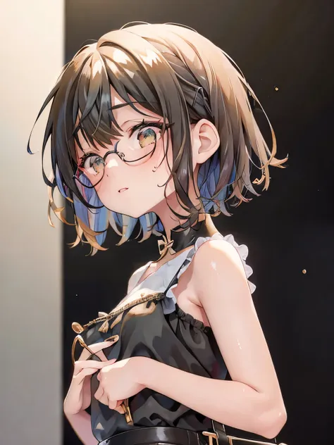 Glasses, short hair, black dress, thick eyebrows, troubled, sweating, small breasts