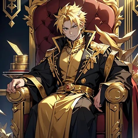 anime man with golden hair and golden eyes, short spiky hair, sitting on a golden throne, treasure and coins all around, black and gold clothing, royalty, rich, smug expression, gold rings, small gold earings, personification of greed