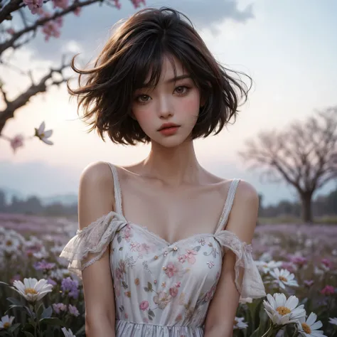 A beautiful woman, short hair fluttering in the wind, wearing a white dress with a small floral motif, standing in the middle of a flower field, with a twilight sky as a background, this photo creates a beautiful and peaceful natural atmosphere