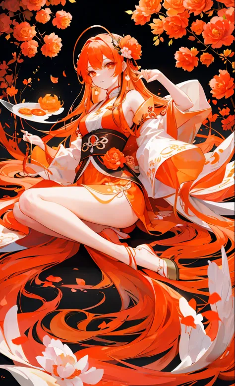 Orange peony flowers for decoration，light orange long hair，Dark orange and white clothes，Fairy Sister of Hehuan Sect，A crazy beauty who knows how to whip slaves！