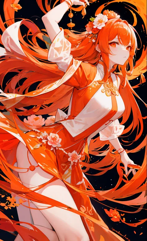 Orange peony flowers for decoration，light orange long hair，Dark orange and white clothes，Fairy Sister of Hehuan Sect，A crazy beauty who knows how to whip slaves！