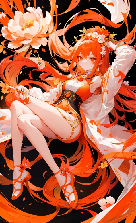 Orange peony flowers for decoration，light orange long hair，Dark orange and white clothes，Fairy Sister of Hehuan Sect，A crazy beauty who knows how to whip slaves！