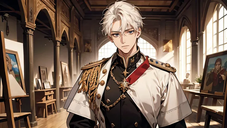 handsome young prince, short white hair with white strands, white officers uniform, Masterpiece, hiquality, detailed face, calm face, in a workshop, medieval times