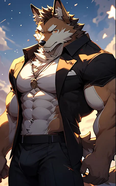 solo, kemono, (dog), anthro (dog), anthro, male, anthro male (dog), anthro (dog), tail,muscles, handsome, nude, big abs, cloudy, simple background, depth of field, perfect lighting, (light particles),(best quality),(masterpiece),(ultra detailed),sharp focu...