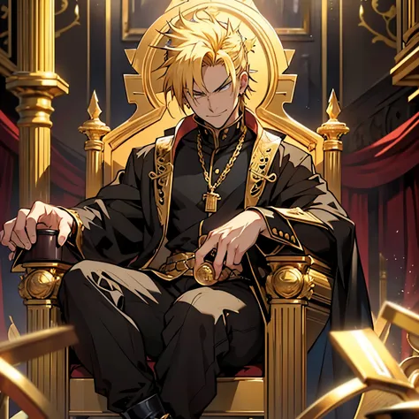 anime solo man with golden hair and golden eyes, short spiky hair, one main, alone, sitting on a golden throne, treasure and coins all around, black and gold clothing, royalty, rich, smug expression, smirk, gold rings, small gold earings, in a treasure roo...