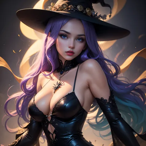 1girl, (witchcore, witchcraft, pagan, mystical, nature, occult), close up, beautiful, sultry 25-year-old sorceress, hourglass figure, fair skin, neon dress (bare shoulders), symmetrical, highly detailed face, long flowing purple hair, mesmerizing blue eyes...