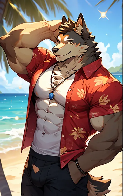 solo, kemono, (dog), anthro (dog), anthro, male, anthro male (dog), anthro (dog), tail,muscles, handsome, hawaiian shirt, bulge, big abs, sunny, beach background, depth of field, perfect lighting, (light particles),(best quality),(masterpiece),(ultra detai...