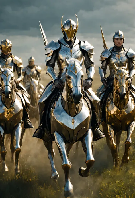 arafed image of a group of men riding horses in a field, cyberpunk robotic elvish queen, still from the movie, silver armor with gold trim, ultron, an army of evil, made of liquid metal, strong imagery, sleek armor, styleframe, armor made of bark