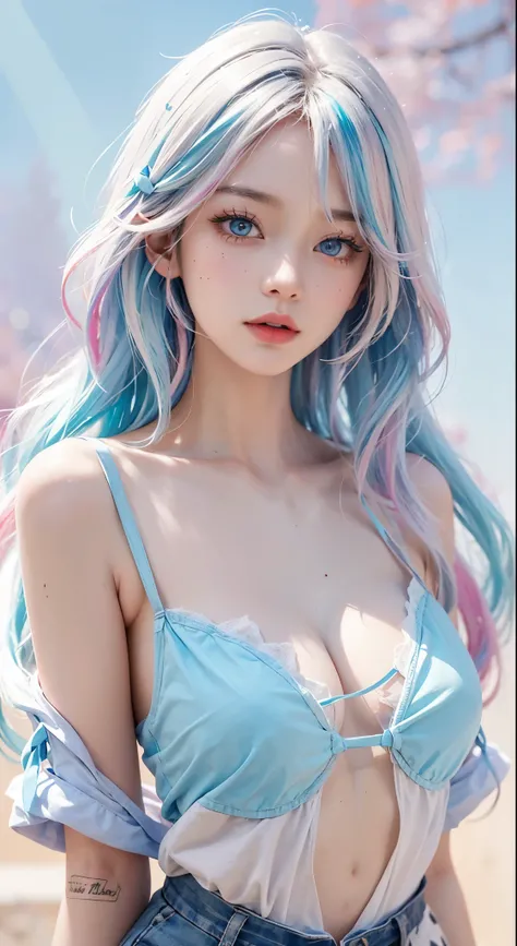 （masterpiece、best quality、high resolution），（Colorful background，（splash of color，ink splatter，splash of color）），Sweet girl，light blue半长发，[light blue|pink]hair，curls，blue eyes，flash，pink嘴唇，（Splash color，（white shirt），front，Whole BodyEsbian:0.6，Volumetric li...