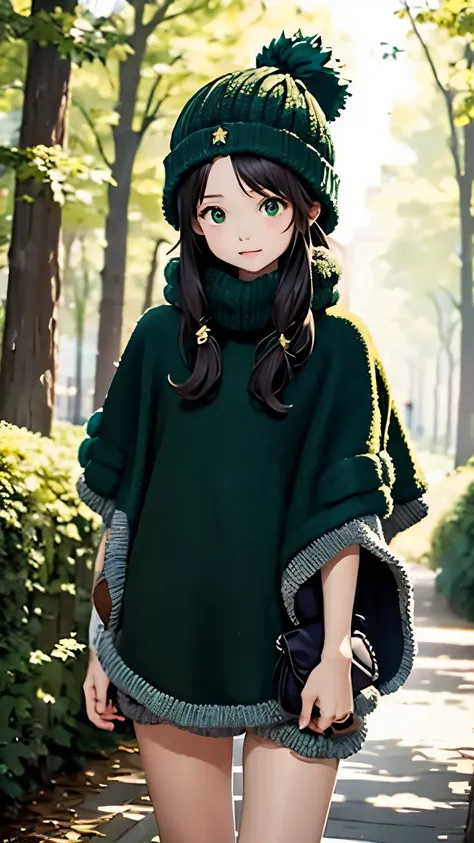 one girl、(((pom pom knit hat、dark green poncho:1.2)))、backpack、the background is blurry、blurred background、dark forest、deep-fore...