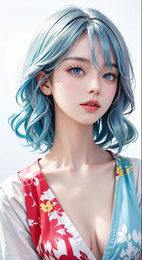 （masterpiece、best quality、high resolution），（Colorful background，（splash of color，ink splatter，splash of color）），Sweet girl，light blueshort hair，short hair，[light blue|pink]hair，curls，blue eyes，flash，pink嘴唇，（Splash color，（white shirt），front，Whole BodyEsbian...