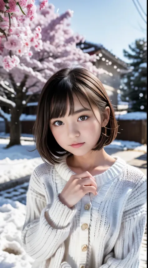 standing under the cherry tree, japanese girl, 15 years old, little, cute, (white oversized knitted sweater:1.3), snowing, pupils sparkling, brown short hair, depth of field, f/1.8, anatomically correct, textured skin, super detail, high details, high qual...