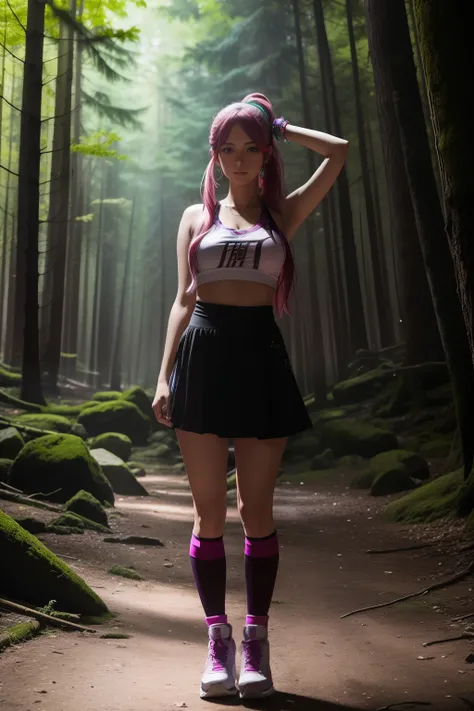 Anime style. In the middle of a large forest in North America a rave is celebrated. Es verano, hace calor, Es de noche y hay hogueras que dan buena luz a la imagen. Una mujer de gran belleza con un look alternativo y pseudo-hippie baila con los brazos abie...