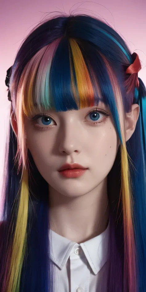 multicolored hair, hair ribbon, Surrealism, cinematic lighting, close-up, UHD, high details, masterpiece  