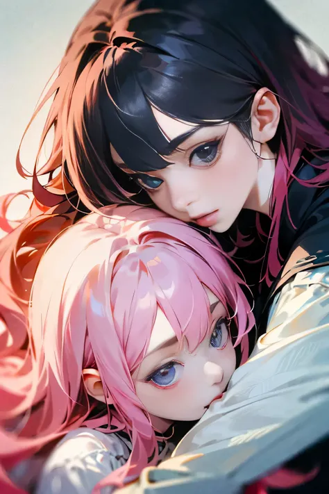 Pink hair and black hair girls，interaction，((best quality)), ((masterpiece)), （（two girls））Hair fluttering，delicate face，good eyes