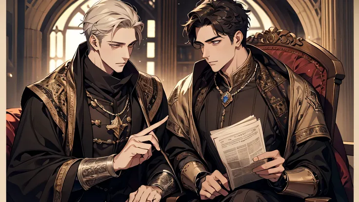 1 handsome young man with 50 years old man, serious, sitting and talking, medieval times, detailed face, detailed eyes, detailed nose, detailed costume