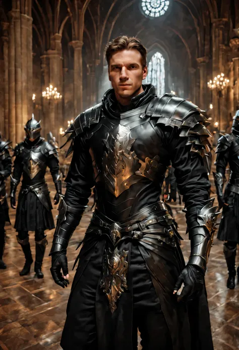 image of men dressed in black rpg warrior outfits with silver shoulder pads, standing in a large royal hall