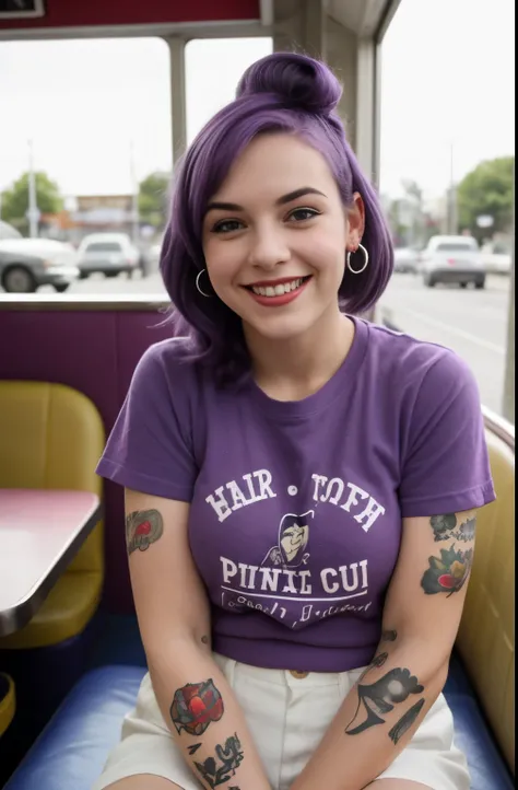 street photography photo of a young woman with purple hair, smile, happy, cute t-shirt, tattoos on her arms, sitting in a 50s diner 