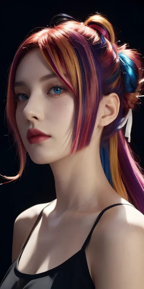 multicolored hair, hair ribbon, Surrealism, cinematic lighting, UHD, high details, masterpiece, spaghetti strap top