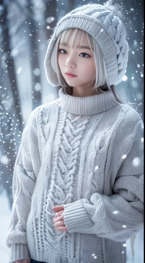 in the snowy forest,  japanese girl, 15 years old, little, cute, (white oversized knitted sweater:1.3), snowing,pupils sparkling, silver short hair, close eyes, realistic Portrait, depth of field, f/1.8, anatomically correct, textured skin, super detail, h...