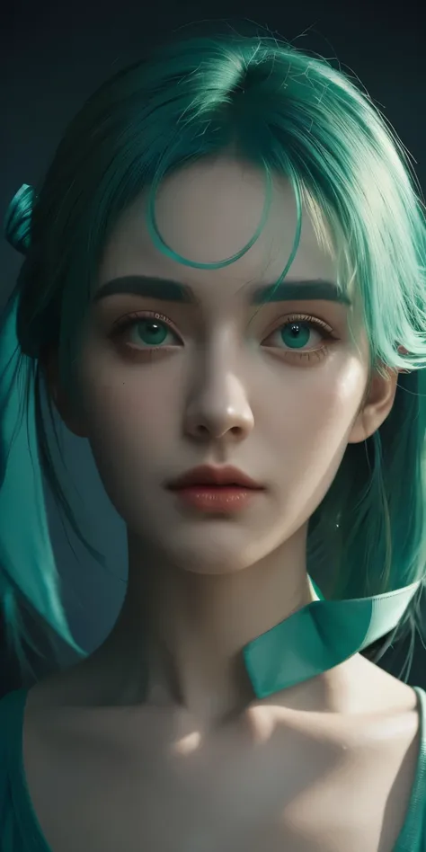 teal and green hair, hair ribbon, Surrealism, cinematic lighting, close-up, UHD, high details, masterpiece  