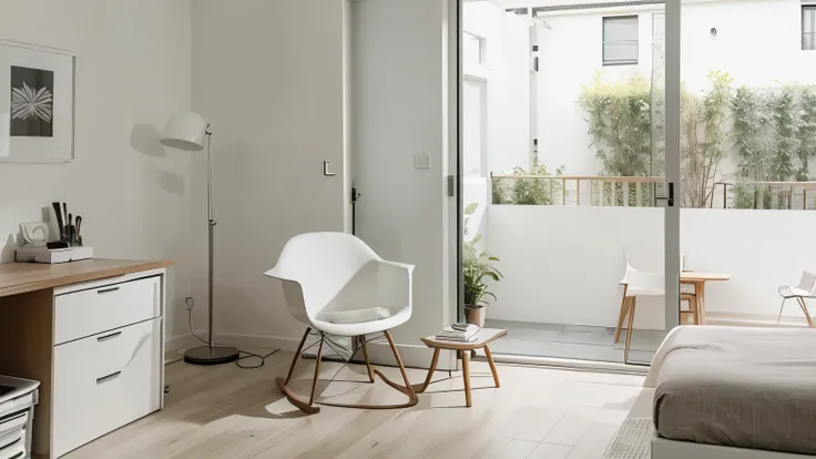 simple style home office interior design，With clean lines, โทนwhite, and the area is tidy. The rooms are decorated with stylish but functional furniture and chairs to see the full view., Simple décor, and an overall feeling of tranquility and simplicity.. ...