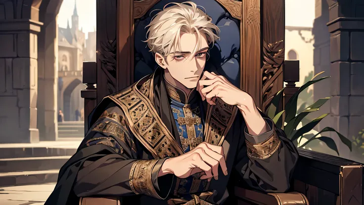 1 handsome young man, 1 50 years old man, serious, sitting and talking, medieval times, detailed face, detailed eyes, detailed nose, detailed costume