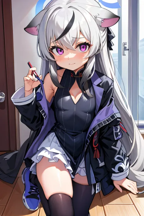 tmasterpiece， best qualtiy， ultra - detailed， 1girll，gray hair kokona， inside in room， purple eye， ：3，the face  closeup cleavage...