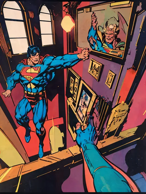 classic 1978 Superman yelling at Lex Luthor in his mansion,comic style,by Jim Lee,(best quality,4k,8k,highres,masterpiece:1.2),ultra-detailed,(realistic,photorealistic,photo-realistic:1.37),crisp illustration,vivid colors,dynamic composition,sharp focus,dr...