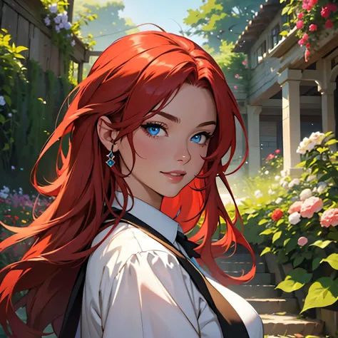 A girl with red hair and blue eyes, wearing noble clothes, with a gentle smile, in a garden environment. (Eight years:1.8), [vibrant colors], [oil painting], [detailed background], [soft lighting], [high resolution], [elegant atmosphere], [beautifully deta...