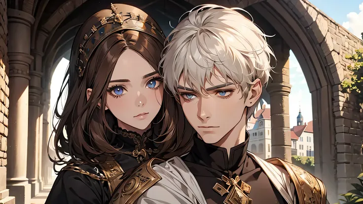 couple, 1 brown hair woman, 1 short white hair man, beautiful face, detailed face, detailed eyes, detailed nose, in a town, medieval times