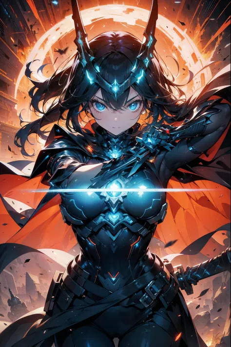 Waist up super heroine hot ocidental teen (masterpiece), best quality, expressive eyes, perfect face, art in fantasy mythic action effect, sharp focus, wearing super detailed suit with mechanicles part & hero cape, cybersamurai, glowing, holding sword