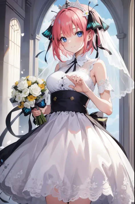 masterpiece, highest quality, High resolution, 1人のgirl, girl, masterpiece、highest quality、masterpiece, highest quality, high again, , 1girl, alone, hair flower, wedding d again ss, Holding a bouquet of flowers in your hands, Chacha, smile, church, white br...