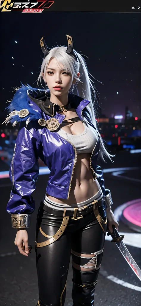 a close up of a person in a costume with a sword, as a character in tekken, female character, tifa lockhart with white hair, katana zero video game character, lunar themed attire, kda, slim body, cyborg - girl with silver hair, upper body avatar, fashion g...