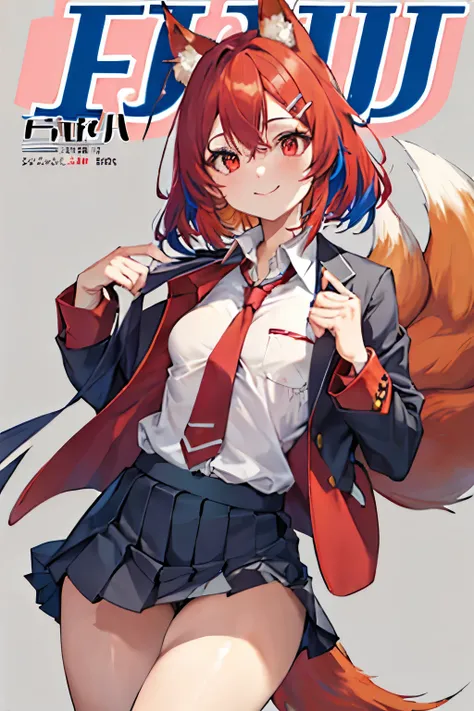 Firefox-Skollie, red eyes, fox girl, multiple tails, multicolored hair, 1girl, hairclip, solo, light smile, small breasts, looking at viewer, 
school uniform, pleated skirt, necktie, open jacket, magazine cover, simple background, 
(masterpiece:1.1), (best...