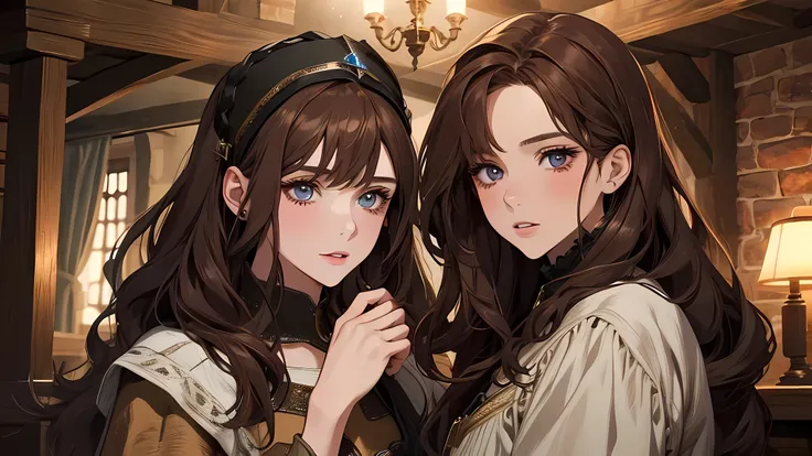 1 young female, 1 young girl, brown hair, beautiful face, detailed face, detailed eyes, detailed nose, in a small room, medieval times, in a tavern