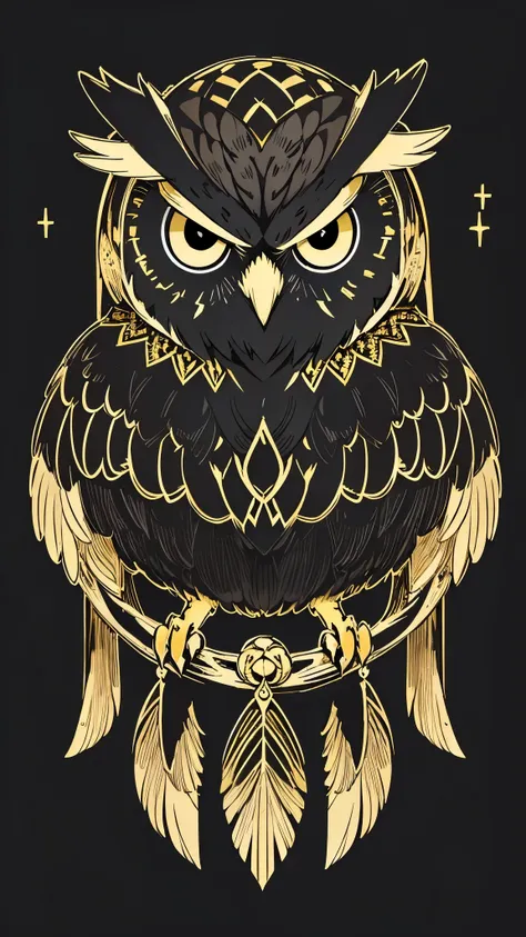 owl line art, black background,(black and gold only 1.2)