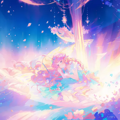 close up of a beautiful fairy girl in tiered gradient ballgown dress, gradient colorful dress, ((layered flower petal skirt)), fairy dress, fairy queen, magical fantasia background, (glowing fairy wings), glowing flowing ballgown, long wavy hair, sparkling...