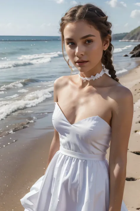 1girl,highres,  high quality,  masterpiece, mxmkWhiteDress,  bare shoulder, purple eyes, white dress, braid, chocker, beach